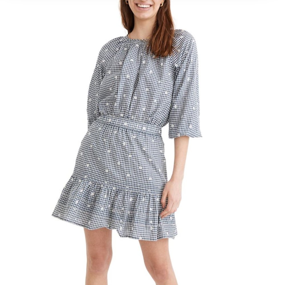Madewell NWT Women's Embroidered Tiered Pull-On Mini Skirt Gingham Check…